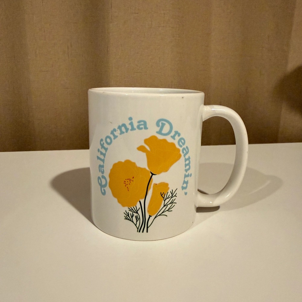 California Dreamin White Ceramic Coffee Mug Yellow Poppies Orca Coatings‎ Retro
